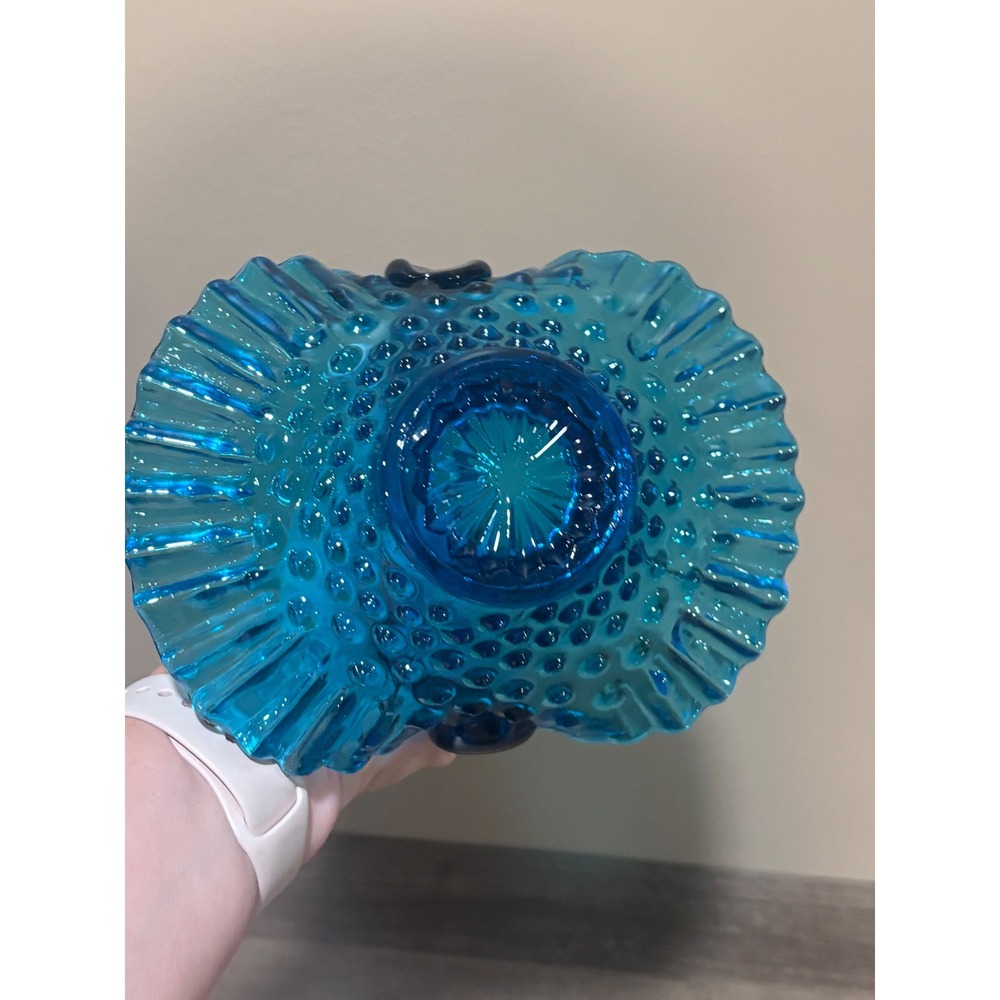 Vintage Fenton Hobnail Blue Glass Basket Ruffled Edge Crimped Candy Dish 7 inch - Picture 4 of 9
